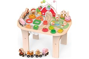 RMISCHOLAR Kids Wooden Farm Activity Table for 1 2 3 Years Old, Montessori Learning Toy with Bead Maze, Shape Sorter & Animal Train, Sensory Development Toy for Toddlers, Educational Gift for Baby Boys Girls 1+