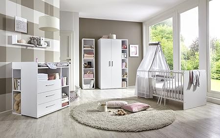 Babyzimmer komplett Set KIM 4 in Weiß, Kleiderschrank Babybett Lattenrost Wickelkommode Wickelaufsatz Wandregal 2 Unterbaureg