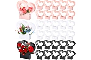 PERKOOP 30 Pcs Flower Box for Arrangement Kraft Paper Flower Box Bouquet Flower Gift Bags with Handle Waterproof Packaging Floral Wrap Wedding Birthday Graduation Party, Black, White, Pink (Heart)