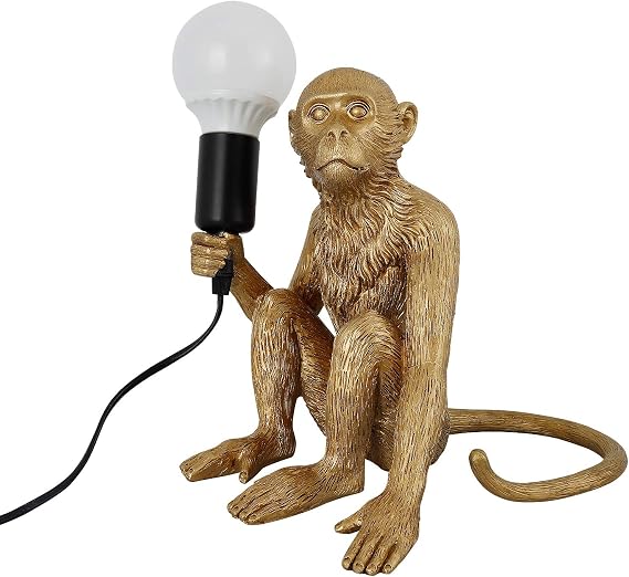 Affen Tischlampe „The Jungle Book“ – Gold-schwarze Skulpturlampe, 62 Cm Hoch, Mit Stoffschirm, E14 Fassung