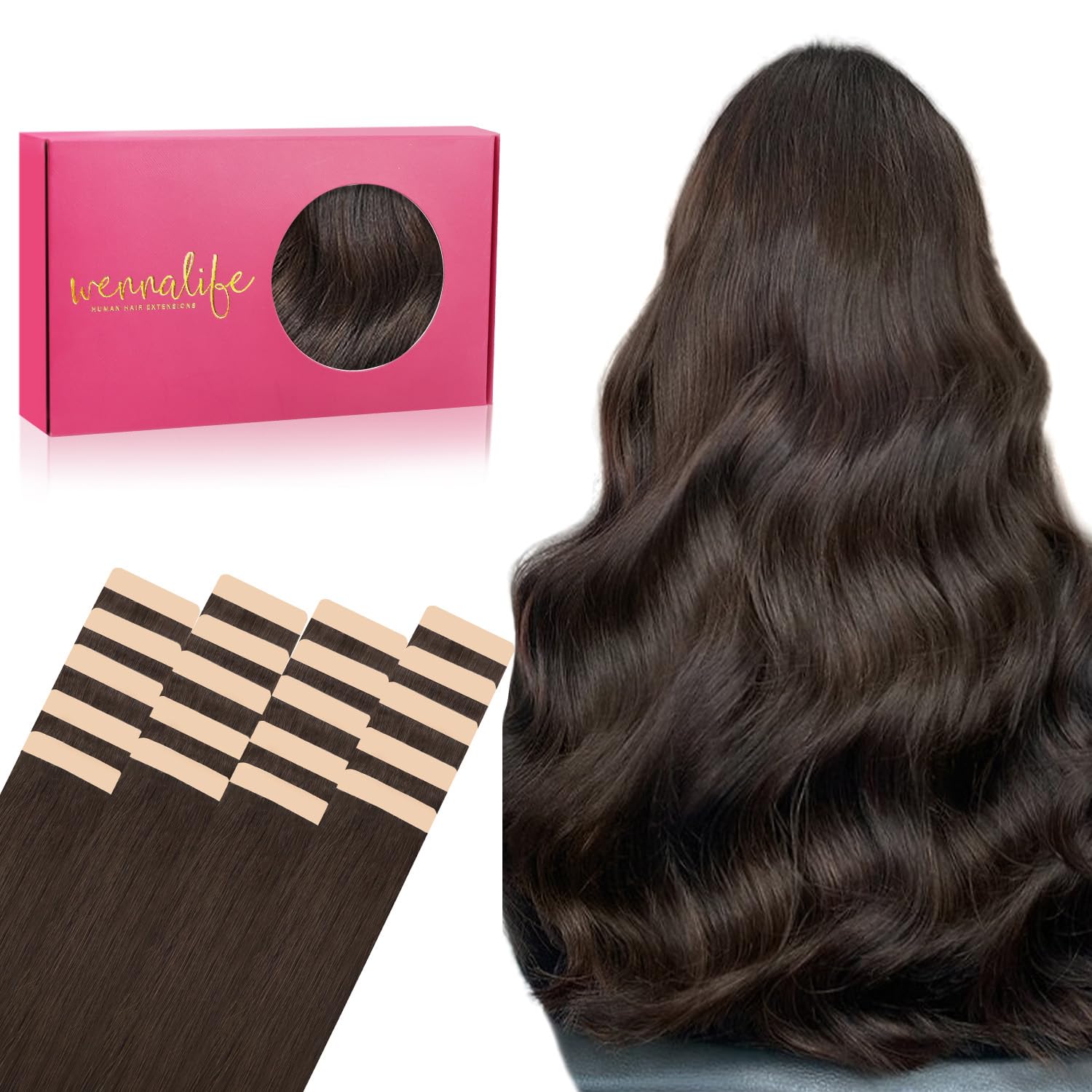 WENNALIFE Tape-in Hair Extensions, 20pcs 18 inch 50g Light Dark Brown Real Human Remy Tape Hair, Straight — image 1