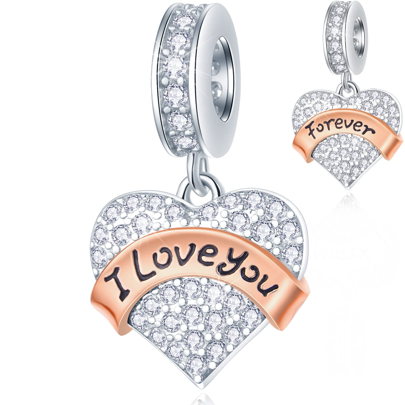 I Love You Forever Heart Charms in 925 Sterling Silver, fits Pandora Valentines Bracelet, Sparkle CZ Pendant Beads, Gift for Couple/Bridal/Girlfriend