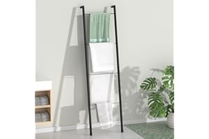 Pickpiff Black Metal Blanket Ladder - Free Standing Wall Leaning Ladder Towel Rack for Decorative Bathroom, Living Room, Kitc