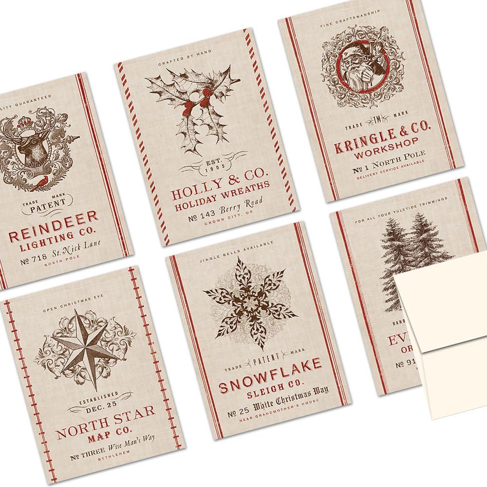 Note Card Cafe Christmas Greeting Card Set with Envelopes | 72 Pack | Blank Inside, Glossy Finish | 6 Vintage Burlap Holiday Designs | Bulk Set for Greeting Cards, Occasions, Birthdays