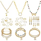 IXNEOP 50-Piece Golden Metal Jewelry Set, Fashion Necklace, Bracelet, Earrings and Rings for Women, Valentine's Day Beach Casual Style with Adjustable
