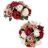 BLOSMON Flower Centerpieces Decoration for Table: 2 Pcs Burgundy & Dusty Rose & Creamy White Fake Roses Kissing Flower for Wedding - Artificial Silk Floral Arrangements Home Party DIY Decoration