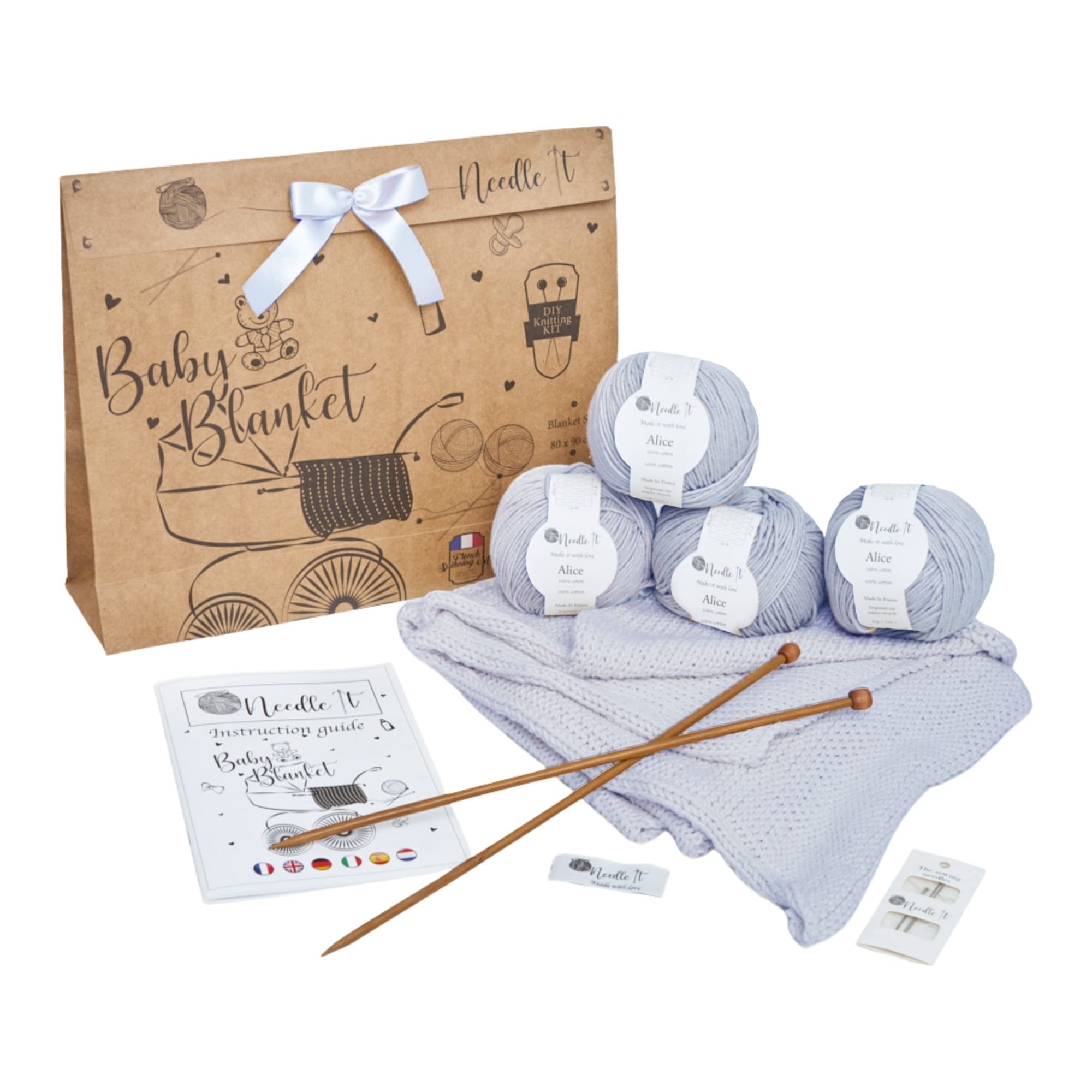 Needle It® DIY Baby Blanket 100% Cotton - Knitting Kit for Beginners, Complete with Knitting Needles - Gift Idea (Baby Blue)