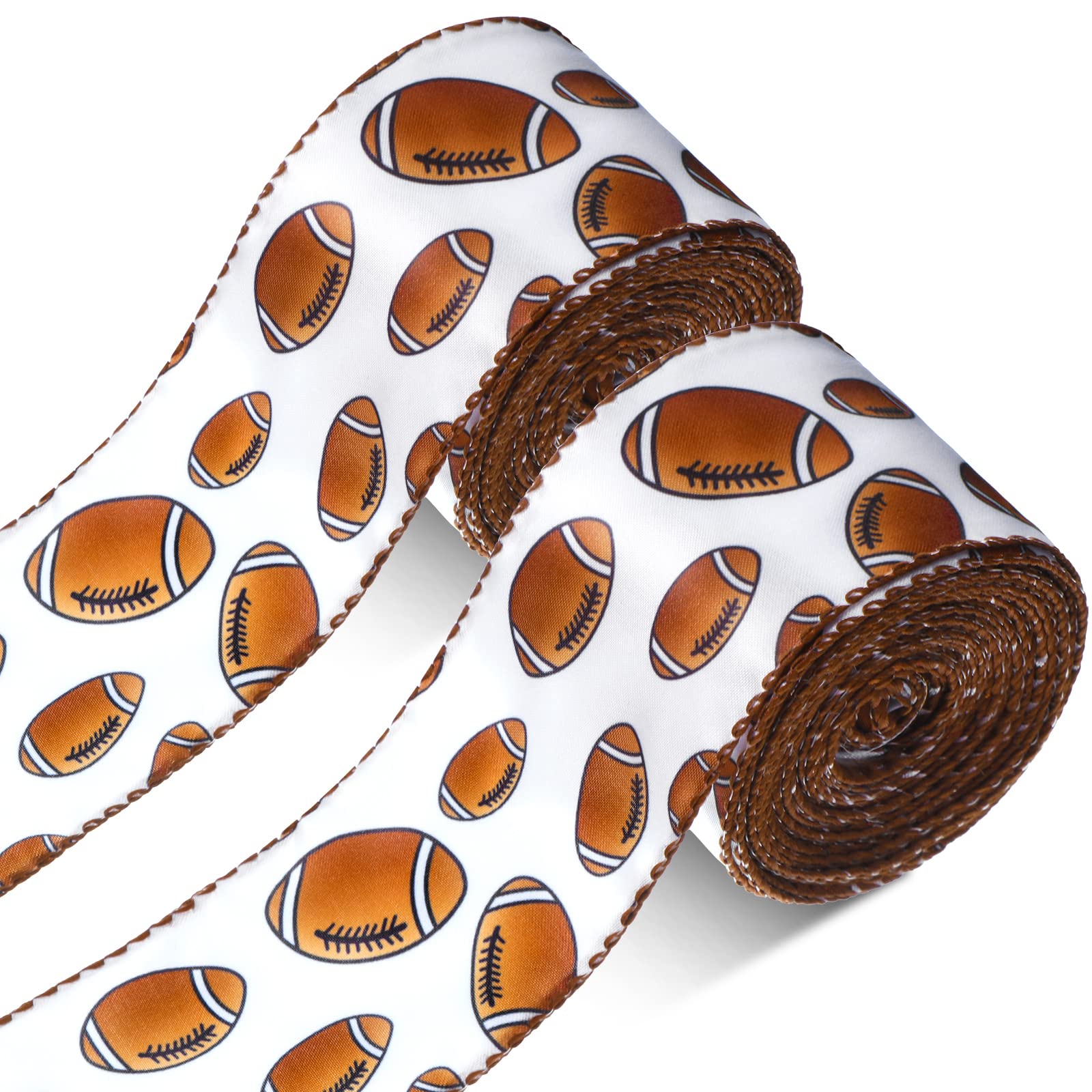 Photo 1 of 2 Rolls 20 Yards Football Wired Ribbon 2 Inches Football Printed Wide Wired Edge Ribbon for DIY Crafts Wreath Bow Package Wrapping Supplies, White Brown Black