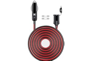 GIBBAB 12V/24V 16AWG Heavy Duty Cigarette Lighter Extension Cable 13FT, 156W/20A Male Plug to Female Socket Adapter Extension Cord with LED Lights (Built-in 20A Fuse & 2 * 20A Spare Fuse)