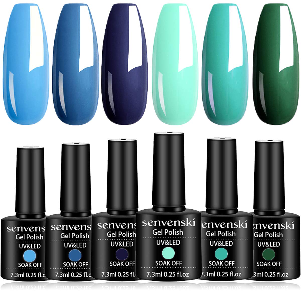 Senvenski Blue Gel Nail Polish Kit - UV/LED Nail Art Set with Navy Royal Cobalt Blue Army Green Teal Olive Emerald Turquoise Colours | Manicure Gift Kit for Women, Professional Salon Home Use(CS6-011)