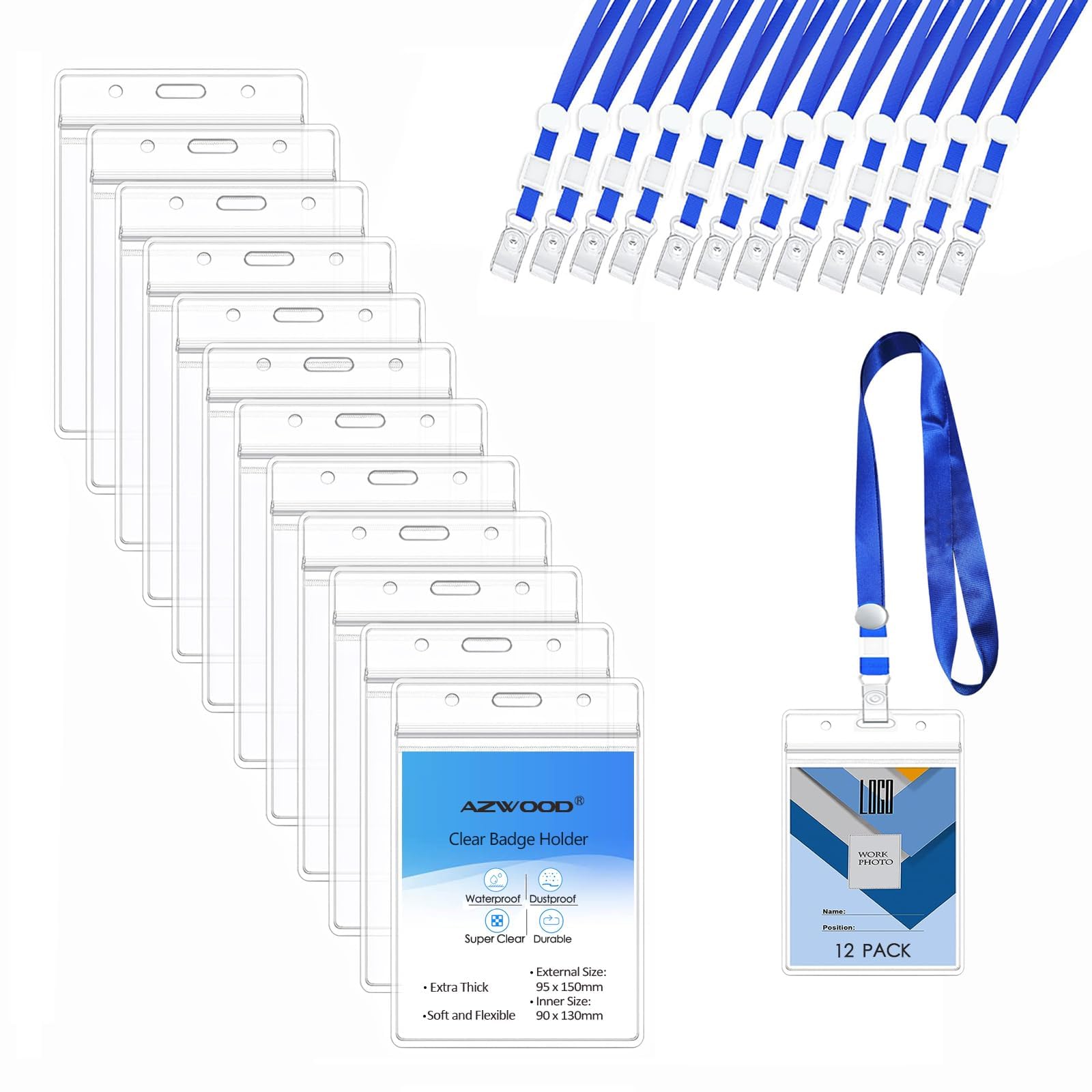 AZWOOD Lanyard with ID Card Holder, 9x13cm Vertical Waterproof Name Tag Badge Holders, 12 Set Clear PVC Card Holders with Neck Straps for Students Nurses Offices Staff ID Badges Business Cards Key