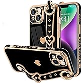 LLZ.COQUE for iPhone 14 Case Cute Love-Heart Plating Strap Phone Cover for Women Girls Bling Soft Silicone Camera Lens Protection Bumper Shockproof Phone Case for iPhone 14 (6.1'')-Black