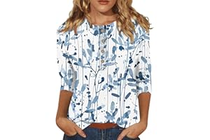 AMOBER Women's 2024 Summer Henley V Neck Button Up Tunic Ladies Loose Fit Tops Flowy 3/4 Sleeve Basic Blouse Tops