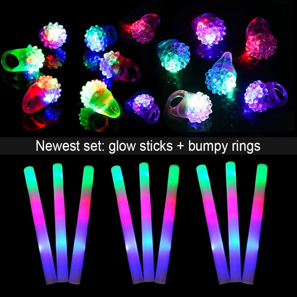 lifbeier Flashing LED Light Up Bumpy Rings 12 PCS and Glow Foam Sticks 12PCS - Glow in The Dark Party Supplies Kids Toys for Parties, Wedding, Birthday, Christmas