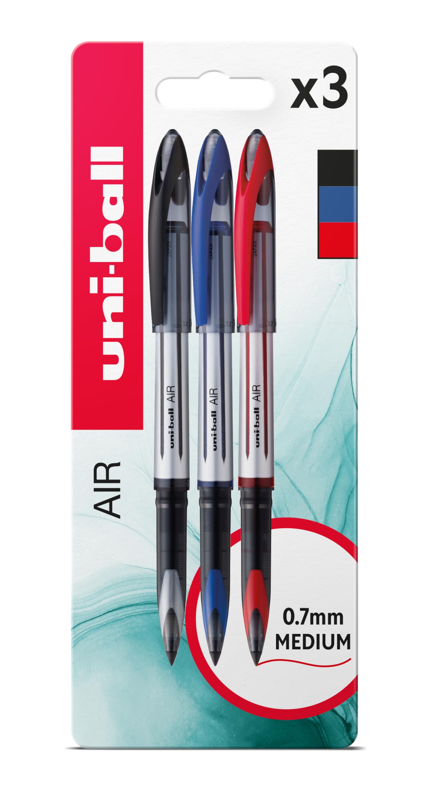 uni-ball UB-188-L Air Rollerball Pens. Premium 0.7mm Medium Nib for Super Smooth Handwriting. Writes Like a Fountain Pen. Fade and Water Resistant Liquid Uni Super Ink. Pack of 3 Black, Blue & Red