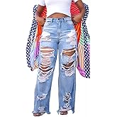HuiSiFang Women's Ripped Jeans High Waisted Straight Wide Leg Cut Out Destroyed Frayed Tassel Jeans Distressed Baggy Jeans
