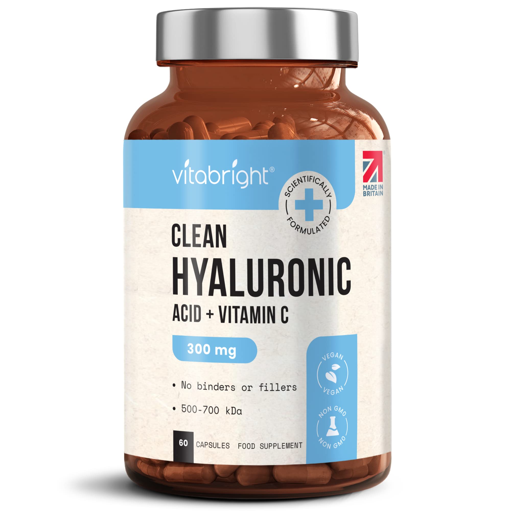 VitaBright Hyaluronic Acid Supplements | 300mg | Sodium Hyaluronate with Vitamin C | Pure Hyaluronic Acid Powder in Veggie Capsules | High Strength Tablets | Nutritional Supplements Made in Britain