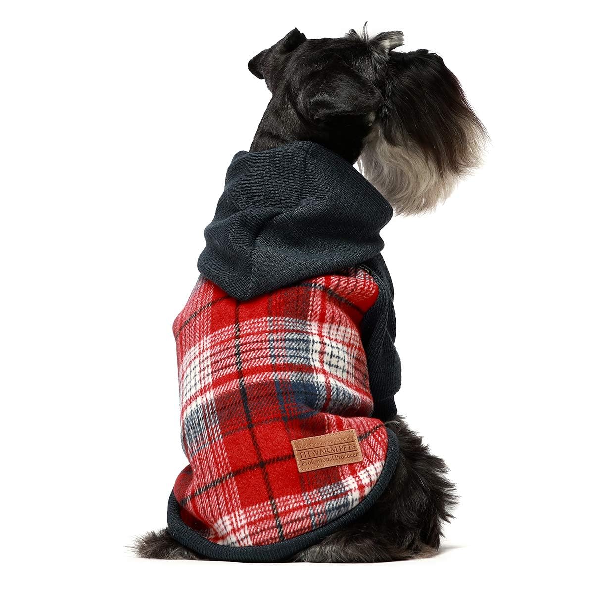 Fitwarm Tartan Plaid Dog Hoodie, Knitted Dog Clothes for Small Dogs Boy, Pet Sweater with Hood, Cat Fleece Lined Winter Outfit, Red, Navy Blue, Small