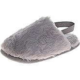 Josmo Kids Fuzzy Slippers for Girls or Boys Plush Slip-On House Shoes Smiley Face Strap Back Cozy Indoor Slides Size 11-13 Little Kids / 1-4 Big Kids