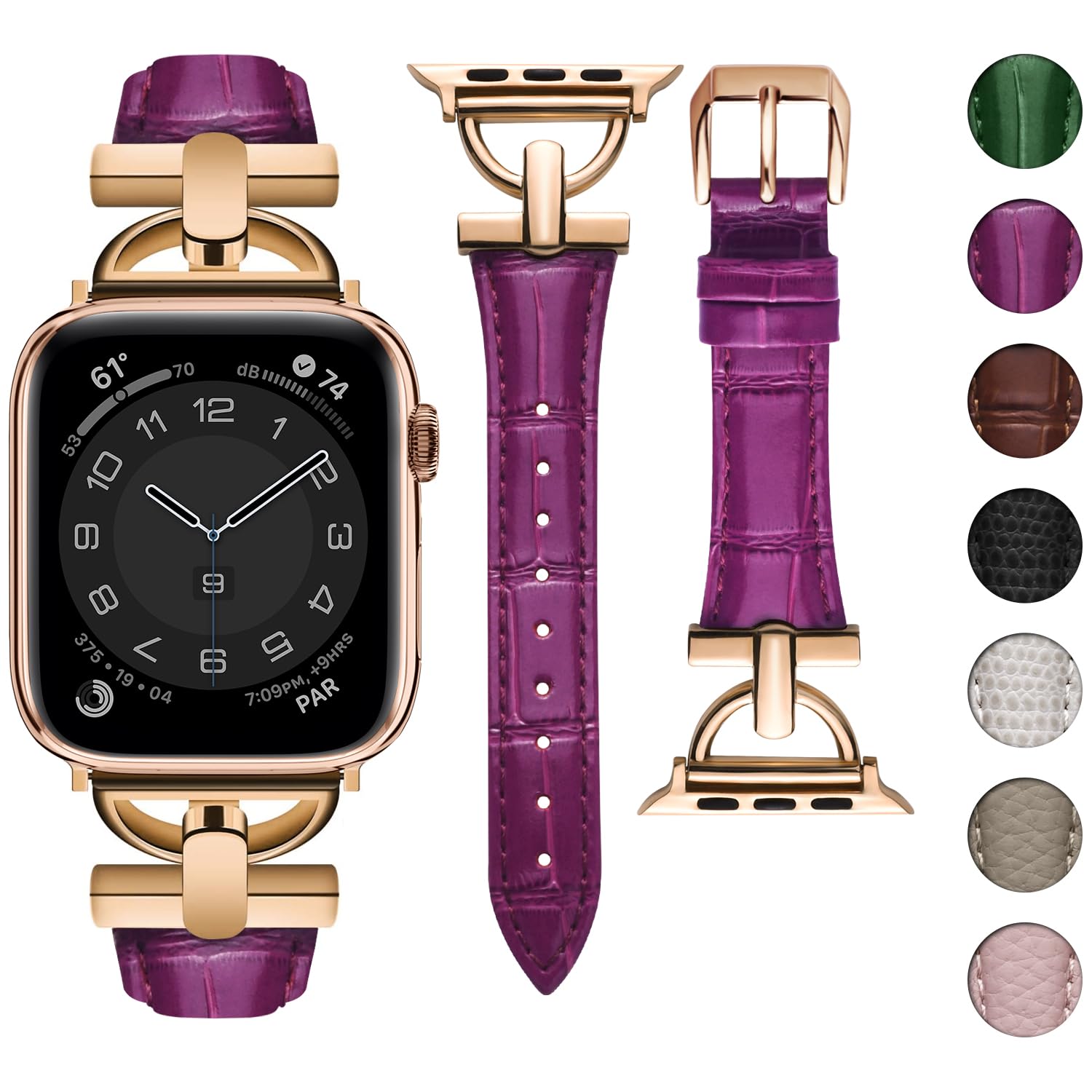 wutwuk Compatible Leather Apple Watch Straps Women 42mm(S11/10) 41mm 40mm 38mm, D-Shape Metal Buckle Leather Wristband for Apple Watch SE3/2/1 Series 11/10/9/8/7/6/5/4/3/2/1, Dark Purple+Rose Gold