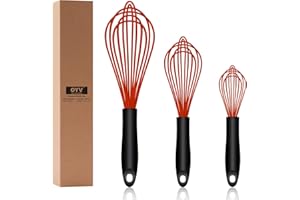 OYV Dishwasher Safe Silicone Whisk, Sealed Waterproof Design Set of 3, Professional Kitchen Whisks for Cooking Non-Scratch, Silicone & Stainless Steel Whisk, Heat Resistant Balloon Egg Beater, Red