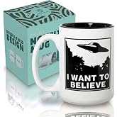 Artisan Owl I Want to Believe UFO Mug - 15oz Funny Alien Tea &amp; Coffee Cup for Sci-Fi Space Extraterrestrial Fans in Black Inlay