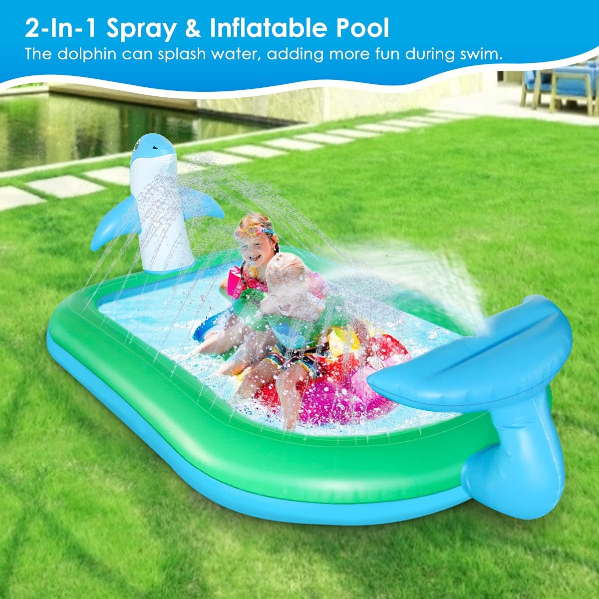 HALOFUNS Inflatable Sprinkler Pool for Kids, 75" x 26" Kiddie Pool with Splash, Dolphin Swimming Pool Sprinkler Pad Summer Outdoor Water Toys for Toddlers Girls Boys: Toys & Games