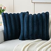 FUTEI Navy Blue Decorative Throw Pillow Covers 18x18 Inch Set of 2, Square Soft Faux Rabbit Fur Thick Striped Cushion Cover,Winter Home Decor for Couch Bed Living Room