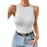 WDIRARA Women's Rhinestone Tank Top Sleeveless Summer Top Round Neck Tank Top
