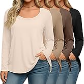 Oakgarden 4 Pack Women's Plus Size Shirts, Casual Long Sleeve Tees Scoop Neck Basic Tops Loose Fit Layering Solid Blouses