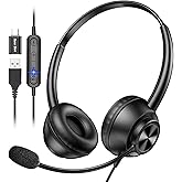 USB Headset with Microphone for PC, Computer Headset with Mic, Wired Headset with USB-A & Type-C, Mute, In-Line Controls Call Center Headphone for Work PC Laptop Office Phone Meeting Zoom Skype