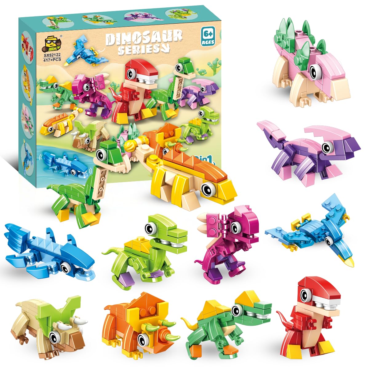 12 Packs Dinosaur Building Blocks Party Favors for Kids, Mini Animals Building Blocks Toy, 3 in 1 Dinosaurs Toys That Change from Robot to Animal to Vehicle, Creative Gift