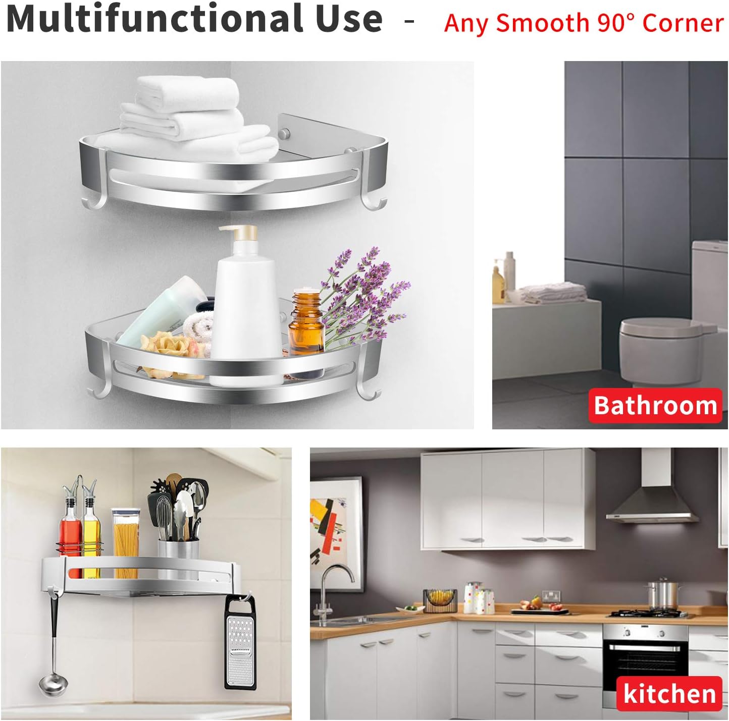 AK KYC Shower Corner Shelf Shower Caddy Wall Mounted Aluminum Bathroom Shelves-Strong Adhesive (No Drilling) in 2 Pack with 4 Removable Hooks Rustproof Aluminum Basket Organizer Hanging Storage-Silver: Home Improvement