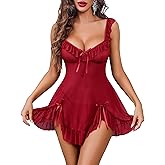 Avidlove Sexy Bow Split Side Ruffle Mesh Babydoll Lingerie Dress with Thong 2 Piece