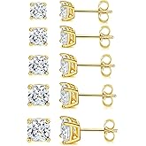 MDFUN 5 Pairs Stud Earrings Sets 3-7MM 18K Gold Plated Round/Cushion/Asscher/Emerald Cut Cubic Zirconia Earring Hypoallergenic Stud Earrings for Women Men