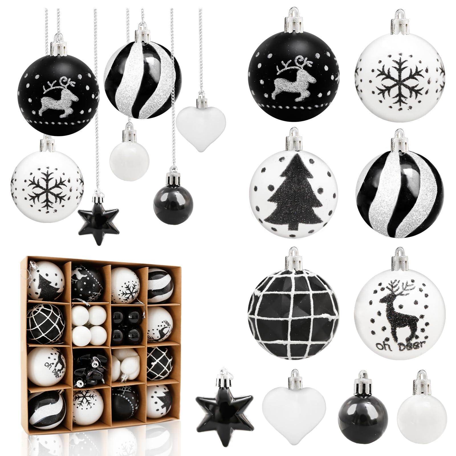 Aitsite 38 Pcs Christmas Baubles, Black and White Shatterproof Xmas Baubles Christmas Tree Decorations Large Balls Ornaments Hanging Decorations for Xmas Holiday Party Home