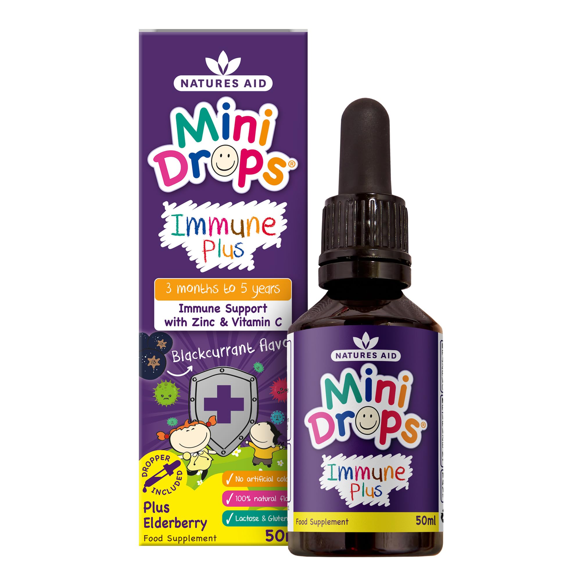 Natures Aid Mini Drops Immune Plus for Kids 50ml - Immune Support with Zinc and Vitamin C - Sugar Free, Vegan, Non-GMO, Natural Supplement for Infants and Children Age 0-5 Years Old - Dropper Included