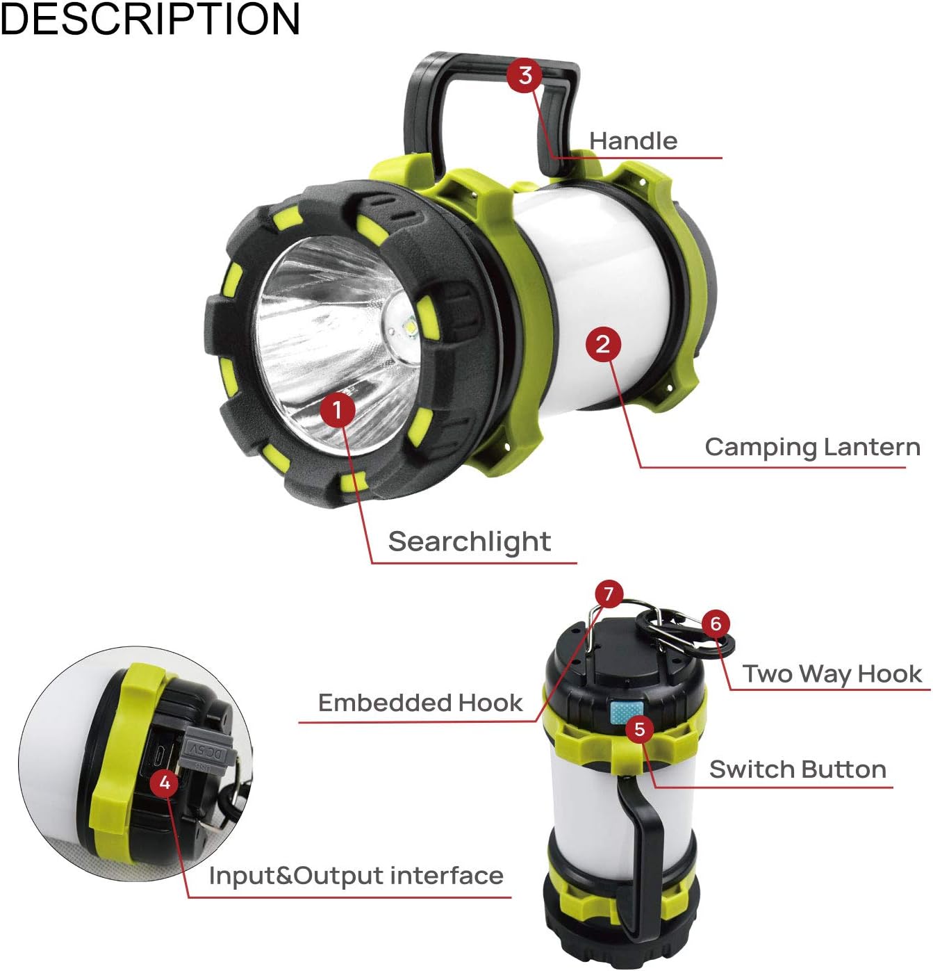 Consciot Rechargeable Camping Lantern Flashlight, LED with 6 Modes, 3600mAh Power Bank, IPX4 Waterproof, Two Way Hook, Portable with USB Cable for Emergency, Camping, Hiking, Outdoor Activities - - 