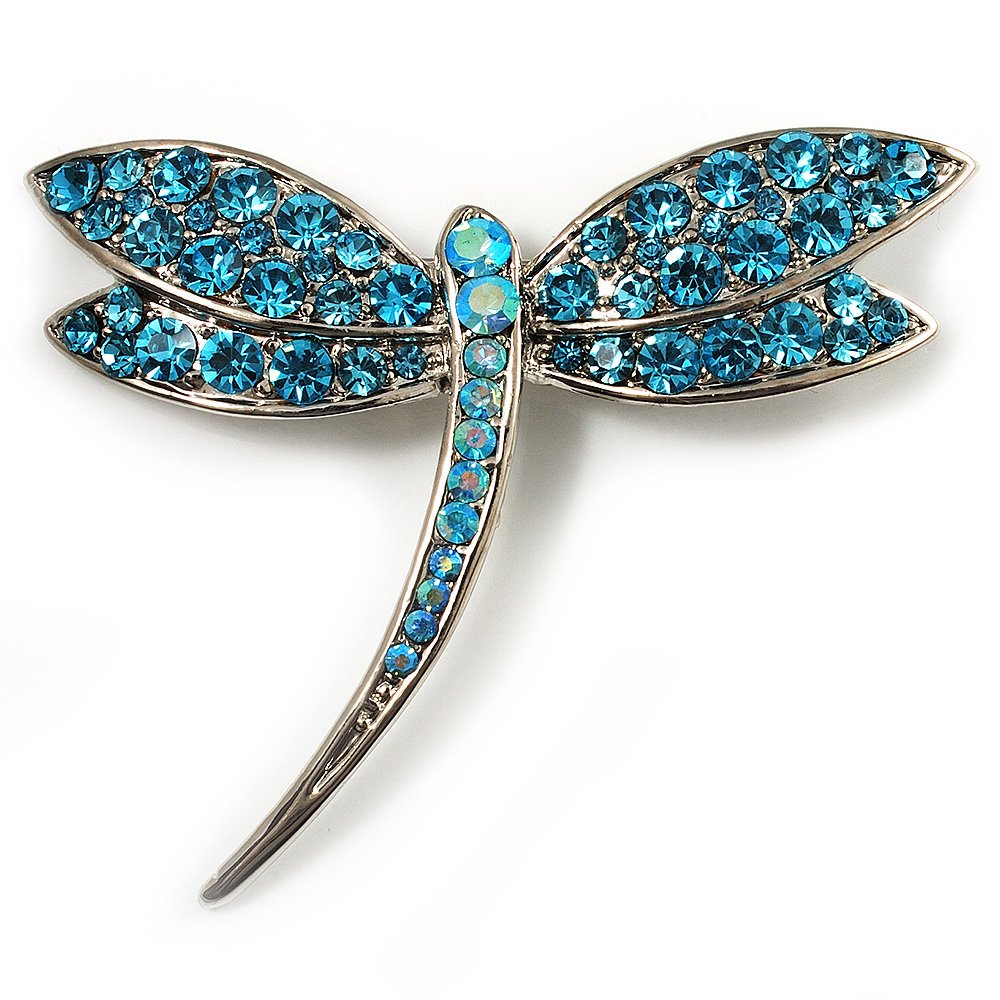 Classic Azure Diamante Dragonfly Brooch (Silver Tone)
