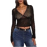 MakeMeChic Women's Cheetah Print Lace Tee Shirt Long Sleeve V Neck Mesh Sheer Fall Y2K Crop Tops