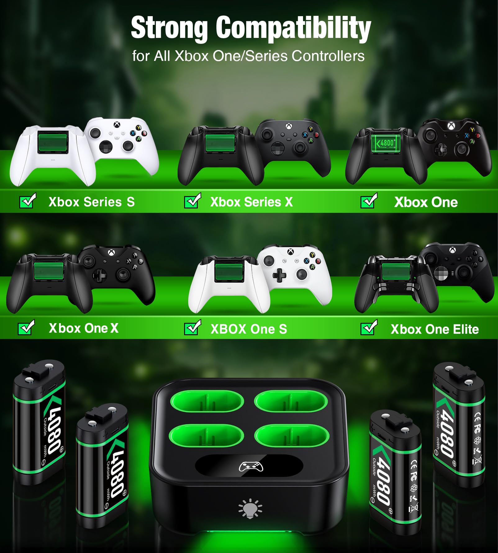 Upgraded Fast Charging Rechargeable Battery Packs for Xbox, 4 x 4080mWh Xbox Controller Batteries with Charger Dock & Light Control for Xbox Series X|S, One S/X/Elite Controllers, Console Accessory