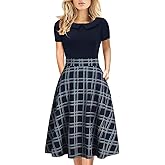 Women's Elegant Vintage Dresses Knee Length Casual Floral Print Work Party Peter Pan Collar A-Line Dress with Pockets 978