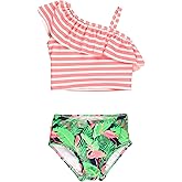 RuffleButts Girls UPF50+ Sun Protection One Shoulder Ruffle Tankini Two Piece Swimsuit