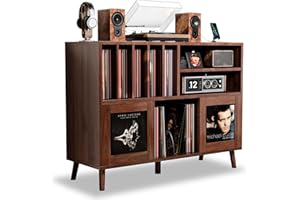 LOOMIE XL Record Player Stand with Sliding Doors, 500+ Vinyl Record Storage Cabinet with Charging Station & USB Ports, Mid Century Modern Record Player Table,Turntable Stand with Wood Legs for Living Room