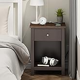 ChooChoo Nightstand with Charging Station, Wooden Top Bedside Table with Drawer and Storage Space for Bedroom, Espresso