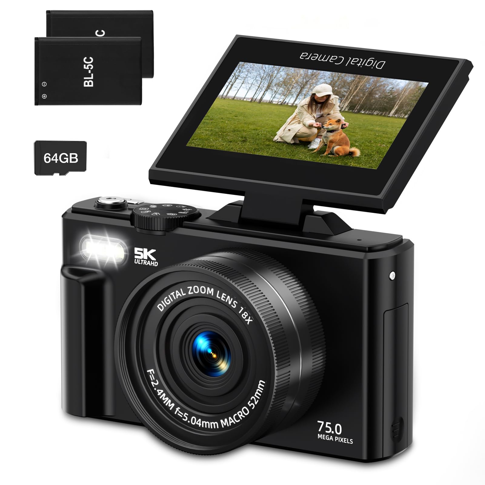 Photo 1 of 5K Digital Camera for Photography, 75MP WIFI Vlogging Camera for YouTube with 3" 180° Flip Screen, UHD Autofocus Video Camera with 18X Zoom, Compact Vlog Travel Camera with 64GB SD Card, 2 Batteries