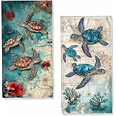 JLSTK Sea Turtle Bath Hand Towels Set of 2 Absorbent Antique Nautical Map Teal Watercolor Decorative Hand Towels Set for Bathroom Gym Hotel Spa Bathroom Hand Towels Gifts for Women Man 14"x28"