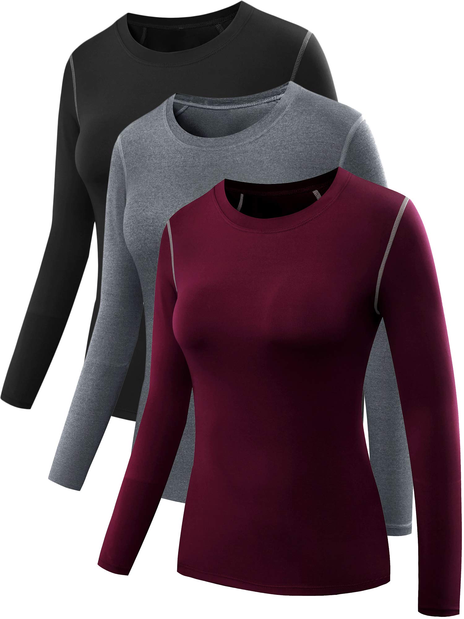 NELEUSWomen's 3 Pack Athletic Compression Long Sleeve T Shirt Dry Fit