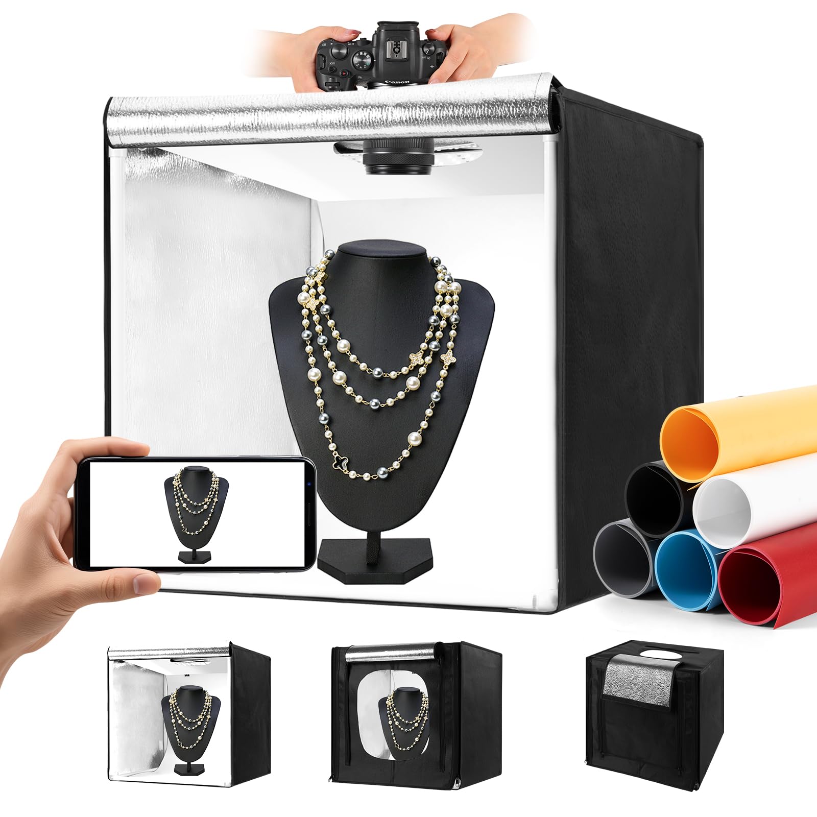 Photo 1 of Photo Light Box, Portable 12/16/20/24/32 Inch Photo Studio Light Box, Shooting Tent Kit with 243 Light Beads and 6 Color Backdrops.Lightbox with 3 Stepless Dimming Light Boards for Product Photography