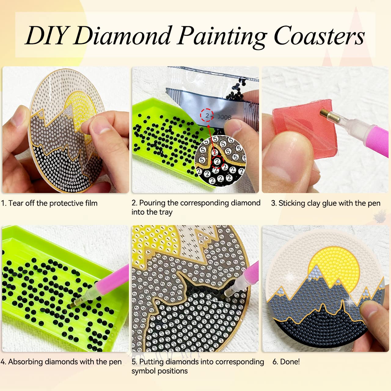 Vcekract Diamond Painting Coasters, 6 Pcs Abstract Landscape Diamond Painting Coasters with Holder, Diamond Art Kits for Adults